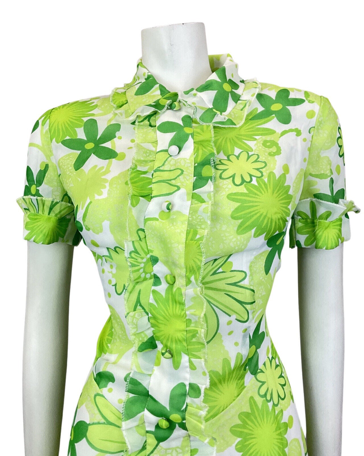 VINTAGE 60s 70s LIME FOREST APPLE GREEN FLORAL DAISY MOD SHIRT DRESS 10 12