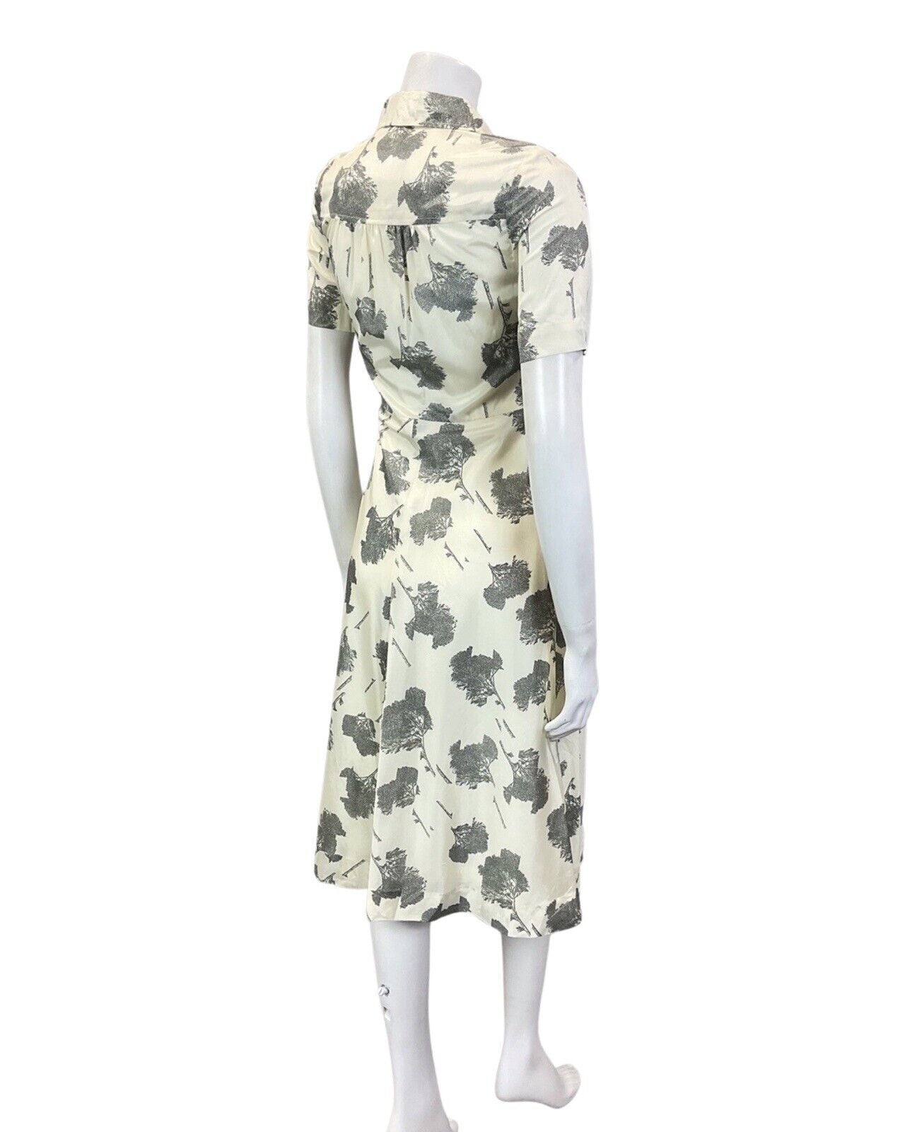 VINTAGE 60s 70s CREAM BLACK TREE LEAFY REVERE COLLAR SHIRT SWING DRESS 8