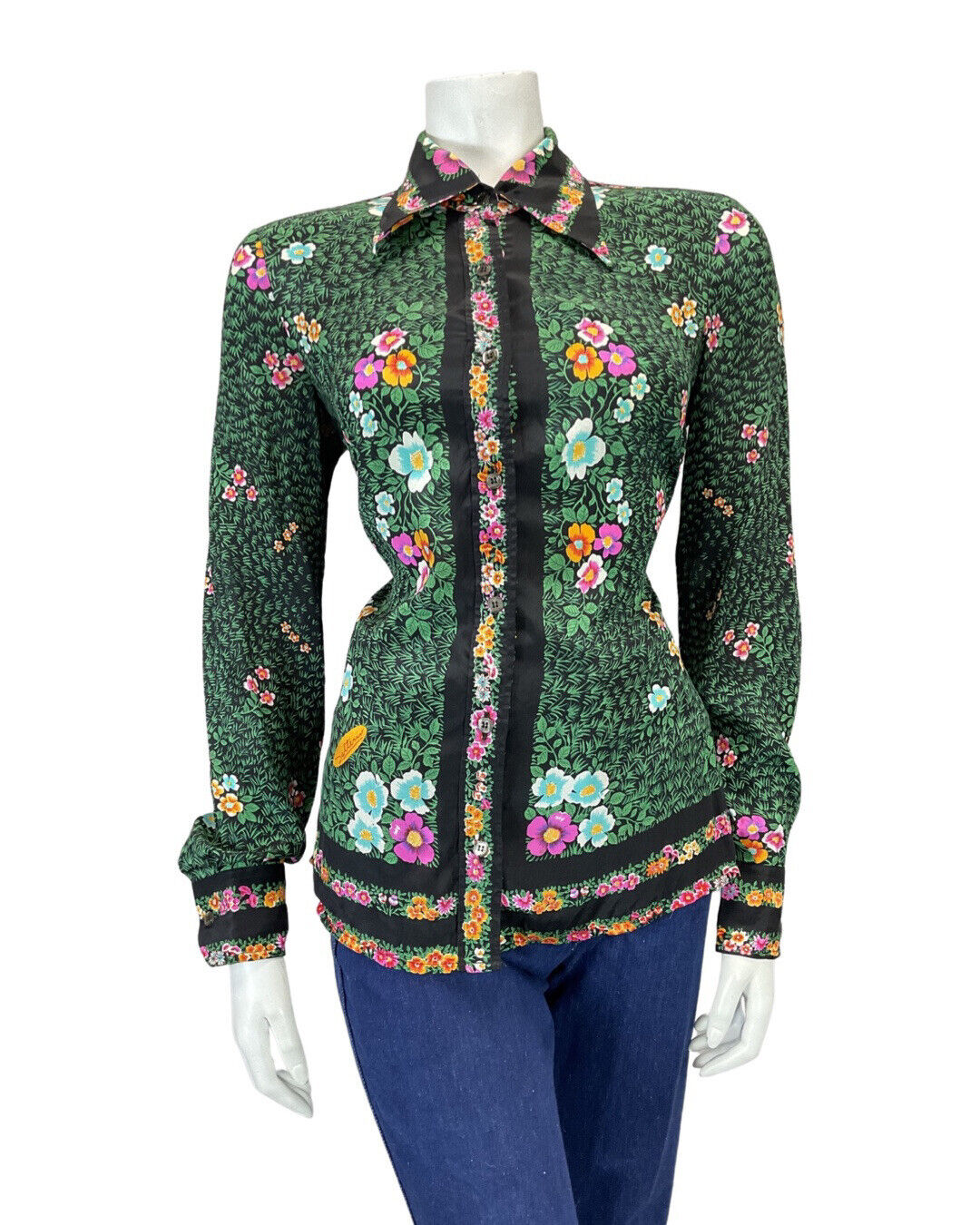 VINTAGE 70s 90s GREEN BLACK PINK LEAFY FLOWER GARDEN DAGGER COLLAR BLOUSE 12 14