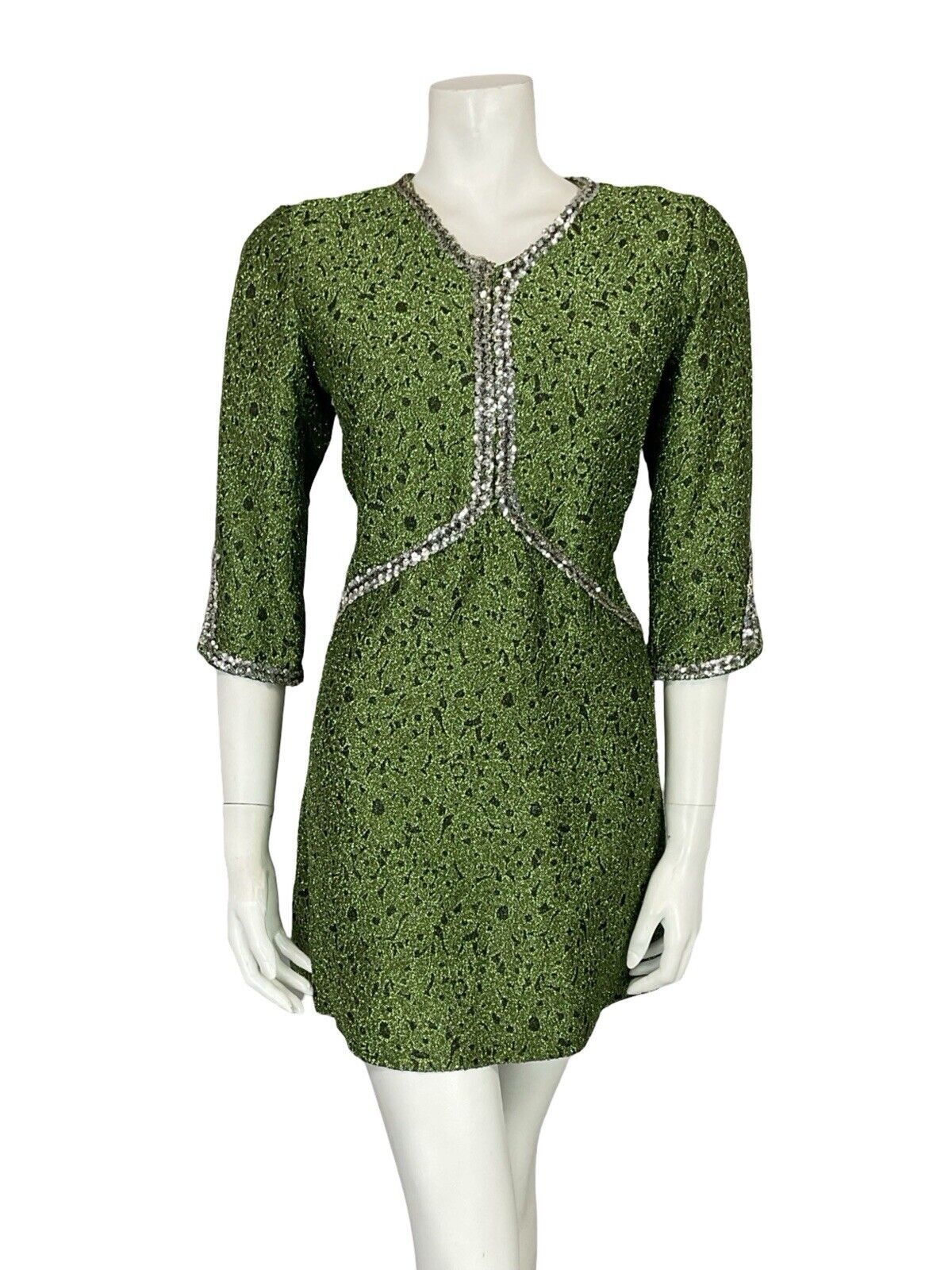 VTG 60S V NECK HALF SLEEVE GREEN SILVER SEQUIN LUREX PARTY MINI DRESS 10