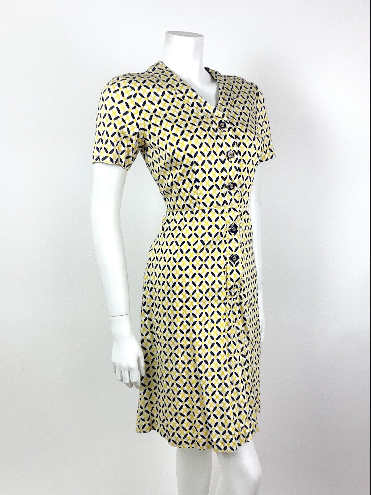 VINTAGE 60s 70s WHITE YELLOW NAVY BLUE CHECKED GEOMETRIC MOD DRESS 10