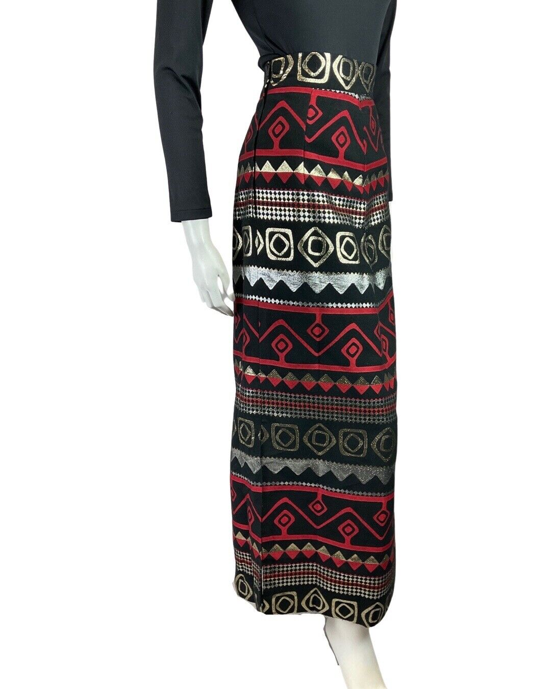 VINTAGE 60s 70s BLACK SILVER RED METALLIC EMBROIDERED GEOMETRIC MAXI SKIRT 8 10