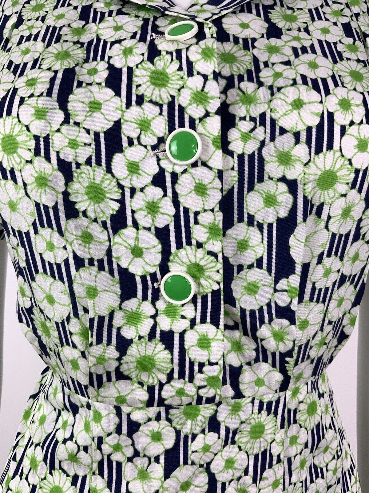 VINTAGE 60s 70s GREEN BLUE WHITE STRIPED FLORAL DAISY MOD SHIRT DRESS 12 14