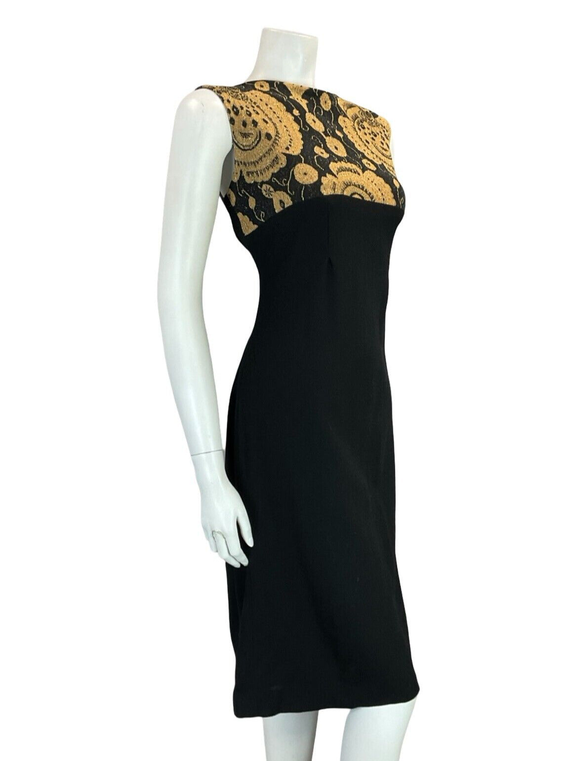 VTG 60S MOD PARTY FORM FITTING BLACK GOLD PSYCHEDELIC FLORAL SLEEVELESS DRESS 14