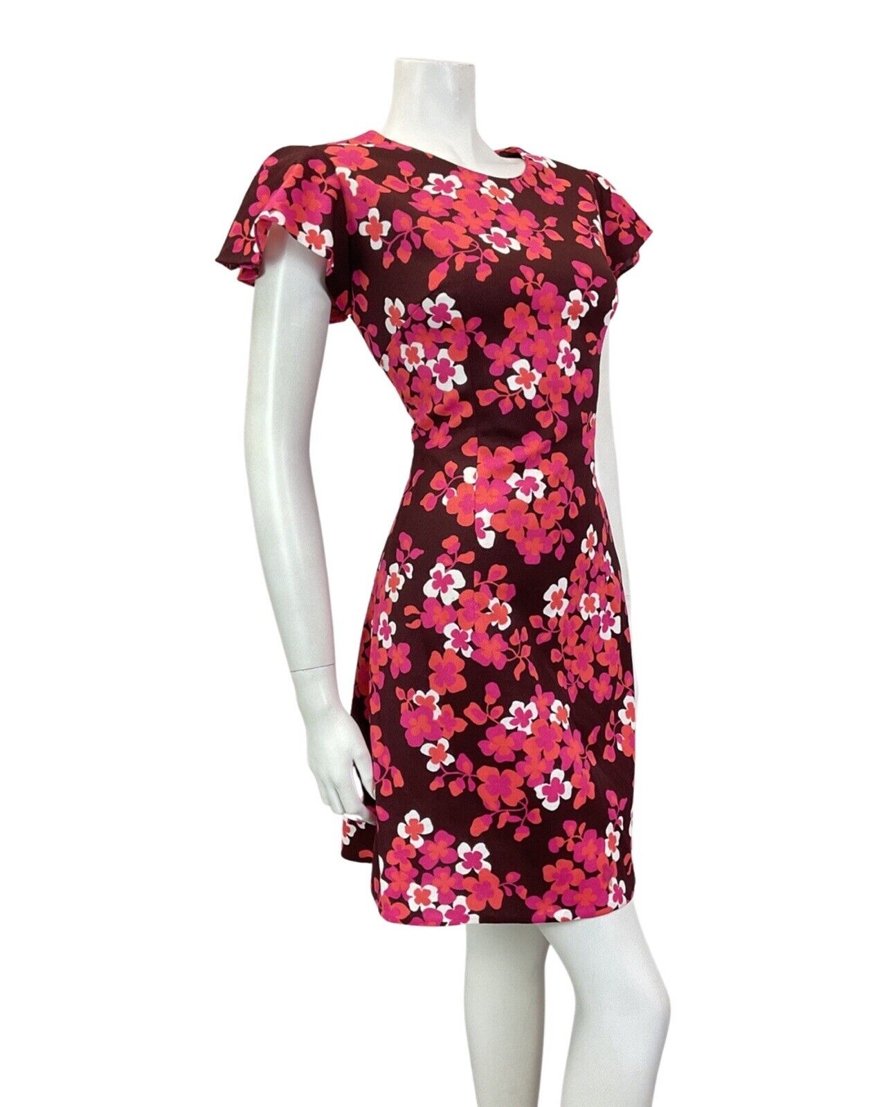 VINTAGE 60s 70s PINK BROWN PURPLE FLORAL BLOSSOM CAPE SLEEVE MOD SHORT DRESS 14