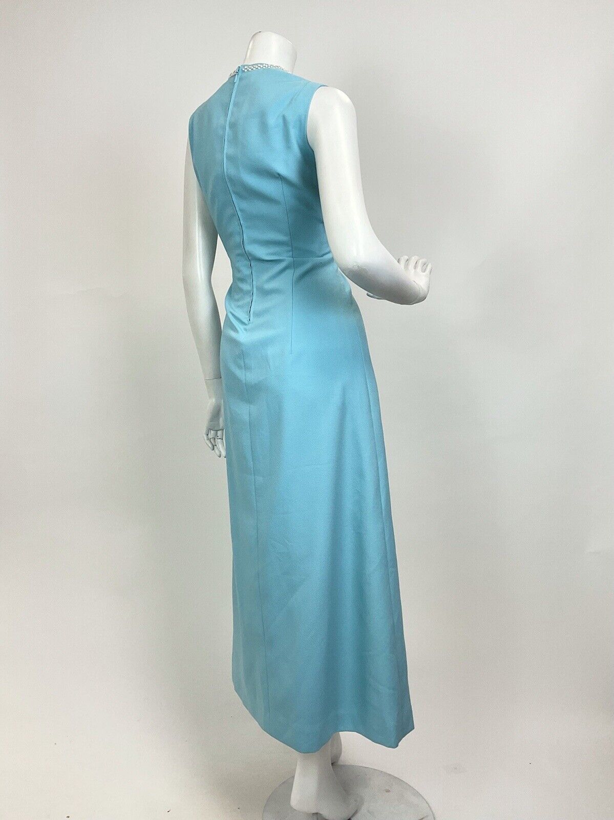 VTG 60s 70s BABY BLUE SILVER DIAMANTE EMPIRE LINE MOD SLEEVELESS MAXI DRESS 10