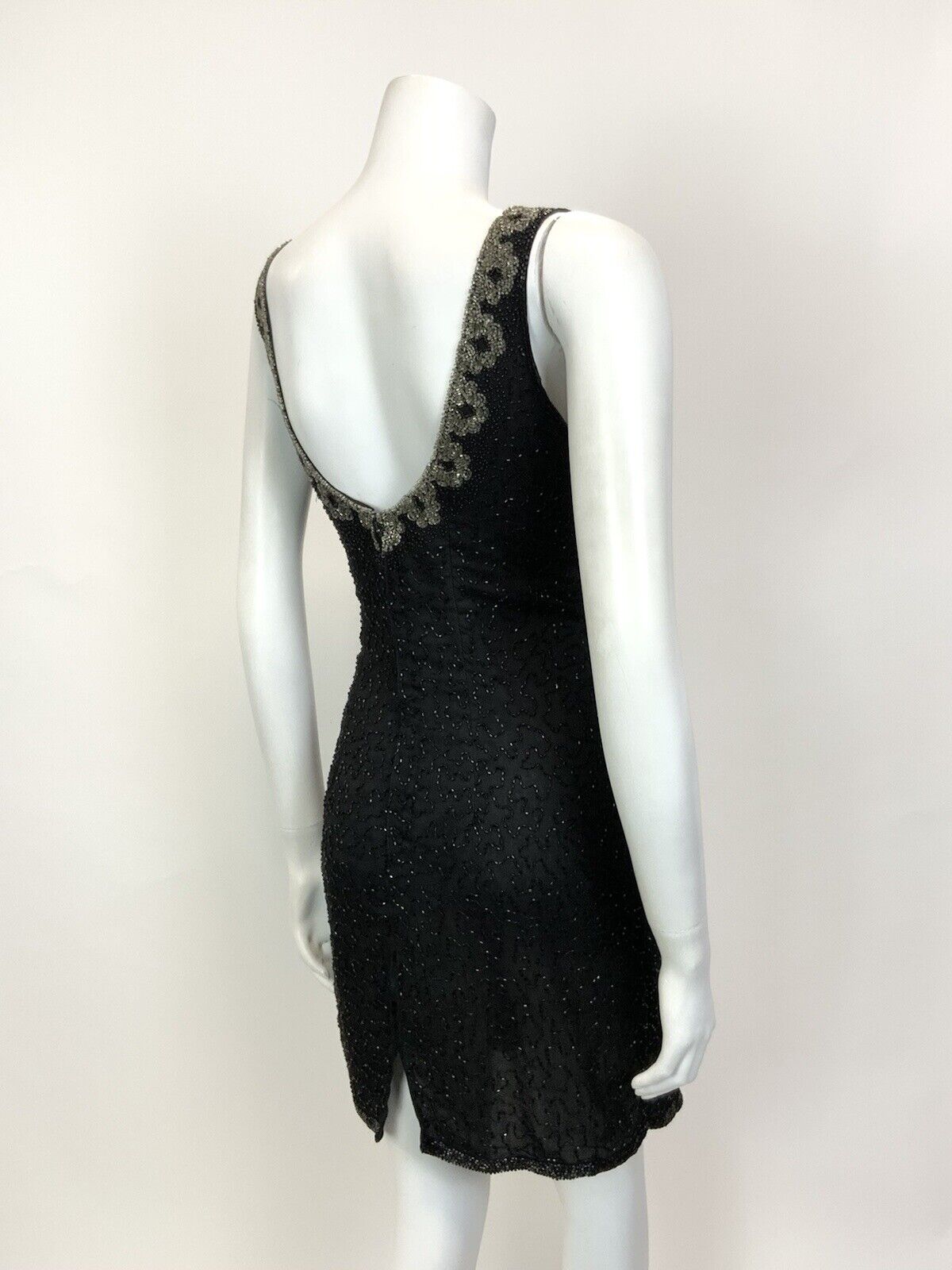 VINTAGE 70s 80s BLACK GREY SILVER BEADED SEQUIN STUDIO 54 GLAM PARTY DRESS 12