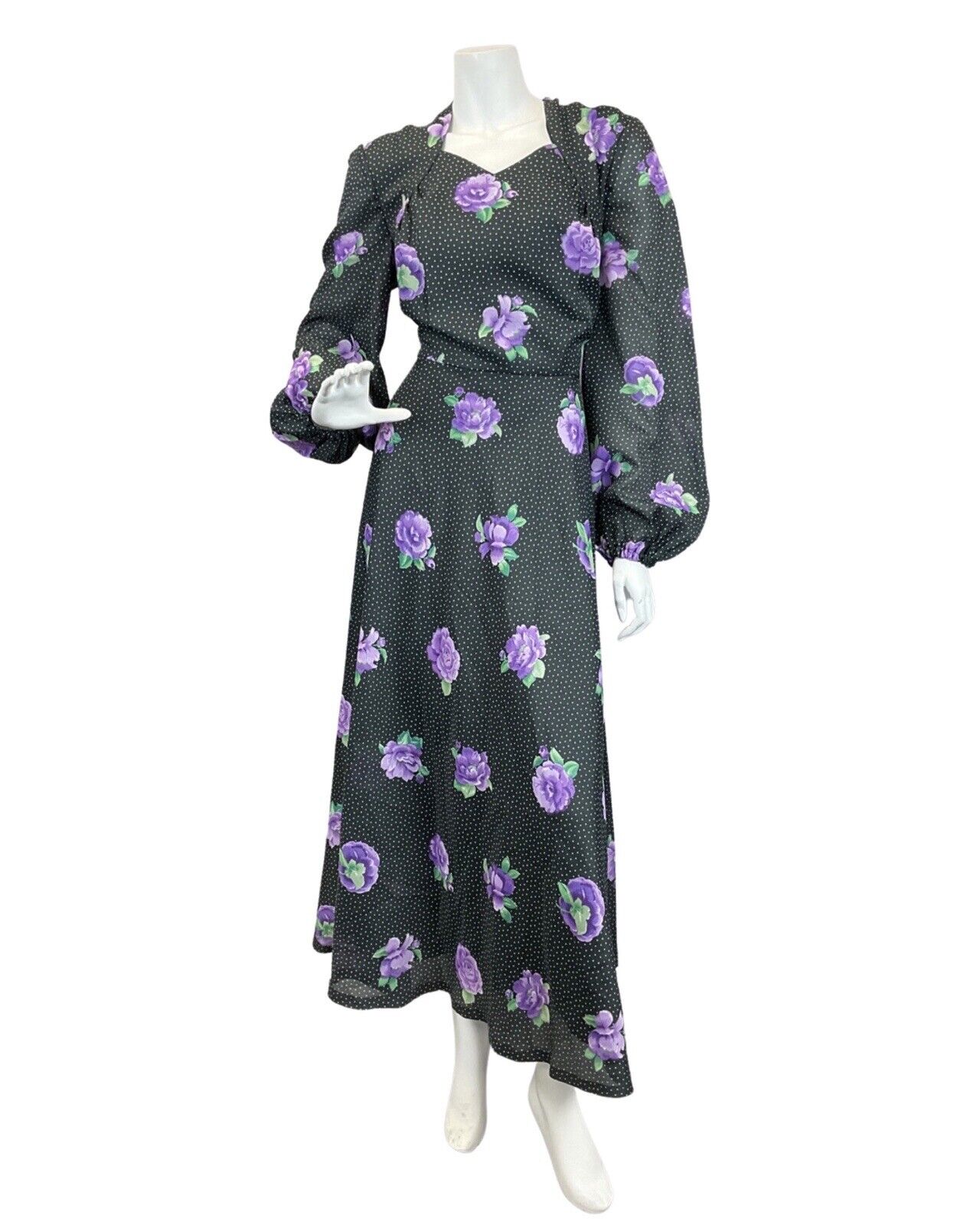 VINTAGE 70s BLACK WHITE PURPLE POLKA-DOT FLORAL PUFF SLEEVE BOHO MAXI DRESS 16