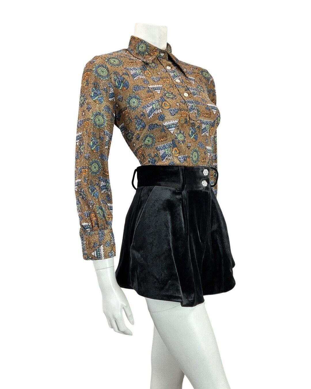 VINTAGE 70s BROWN SILVER BLUE CASTLE TENT MOD DAGGER COLLAR LUREX SHIRT 12