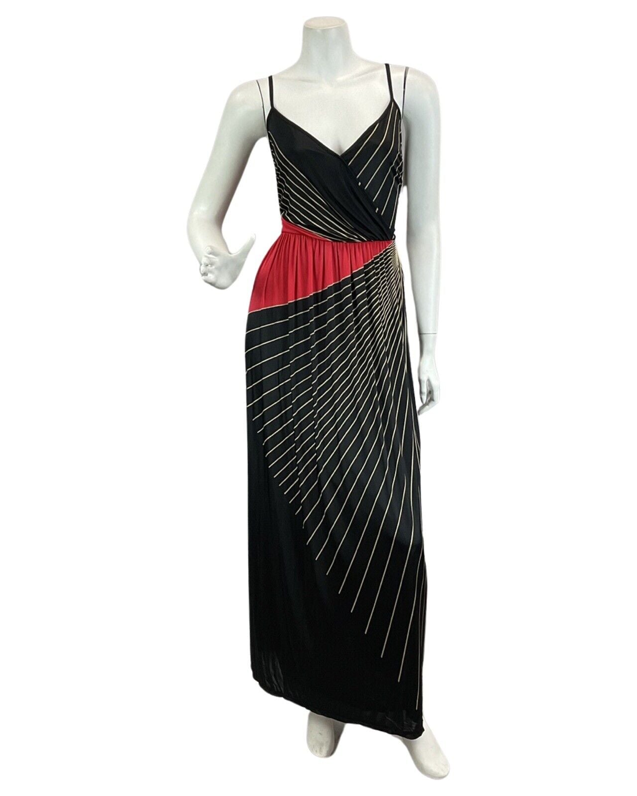 VINTAGE 60s 70s BLACK RED GOLD ABSTRACT PRINT DISCO BOHO FOLK MAXI DRESS 10