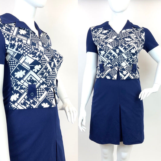 VINTAGE 60s 70s BLUE WHITE GEOMETRIC CHECKERBOARD MOD DAGGER SHIRT DRESS 14 16