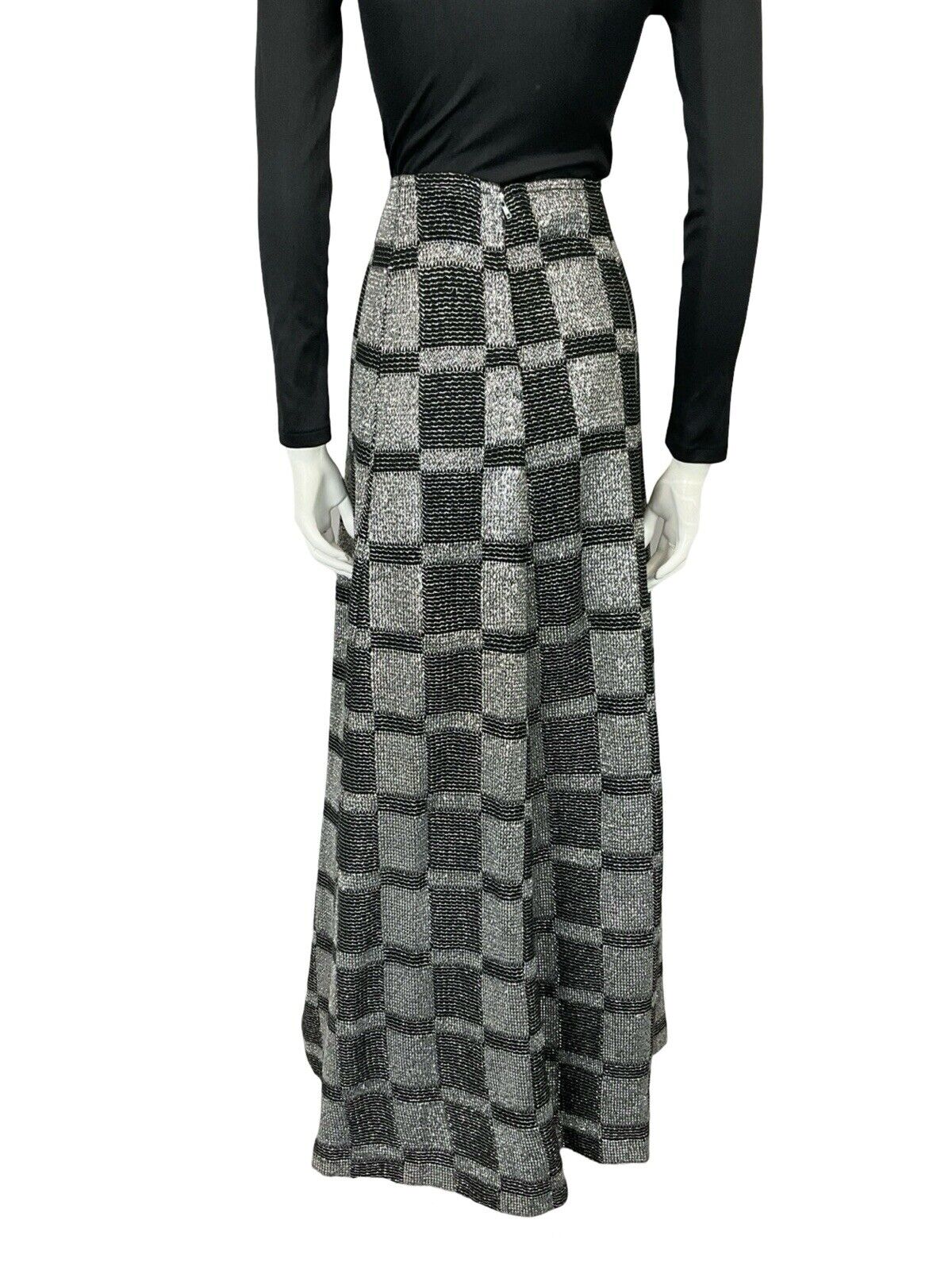 VTG 70S BLACK SILVER LUREX CHECKERBOARD DISCO PARTY MAXI A LINE SKIRT S 8 10