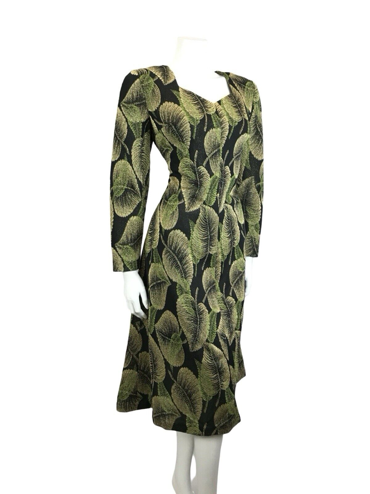 VTG 60S 70S BLACK GREEN GOLD LEAF LUREX SWEETHEART PARTY MIDI DRESS 1214 M