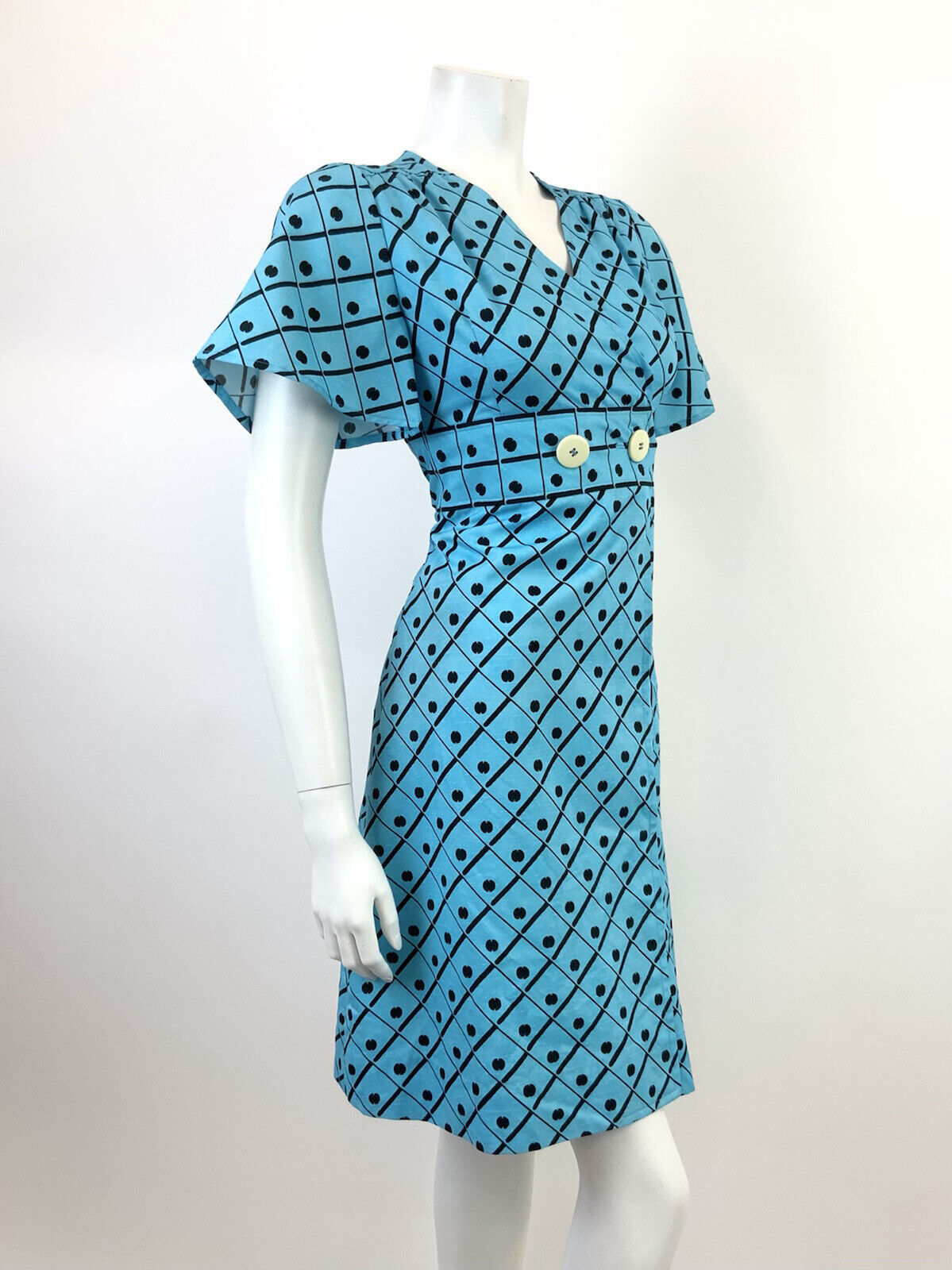 VINTAGE 60s 70s BRIGHT BLUE BLACK GRID CHECKED DOTTY BELL SLEEVE MOD DRESS 8 10