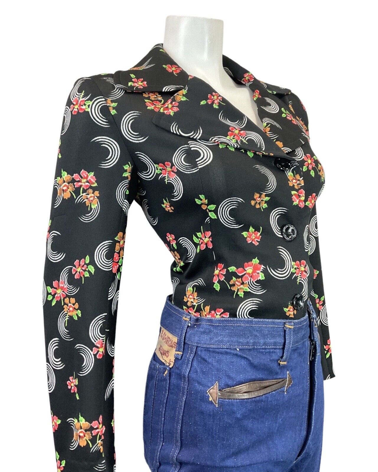 VINTAGE 60s 70s BLACK WHITE RED FLORAL CIRCULAR MOD SHIRT 12 14