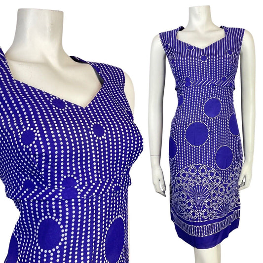 VINTAGE 60s 70s PURPLE WHITE POLKA-DOT STRIPED MANDALA MOD SLEEVELESS DRESS 14