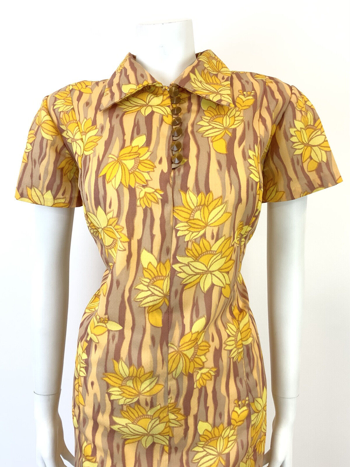 VINTAGE 60s 70s YELLOW BROWN BEIGE STRIPED FLORAL MOD SHIRT SHIFT DRESS 14 16