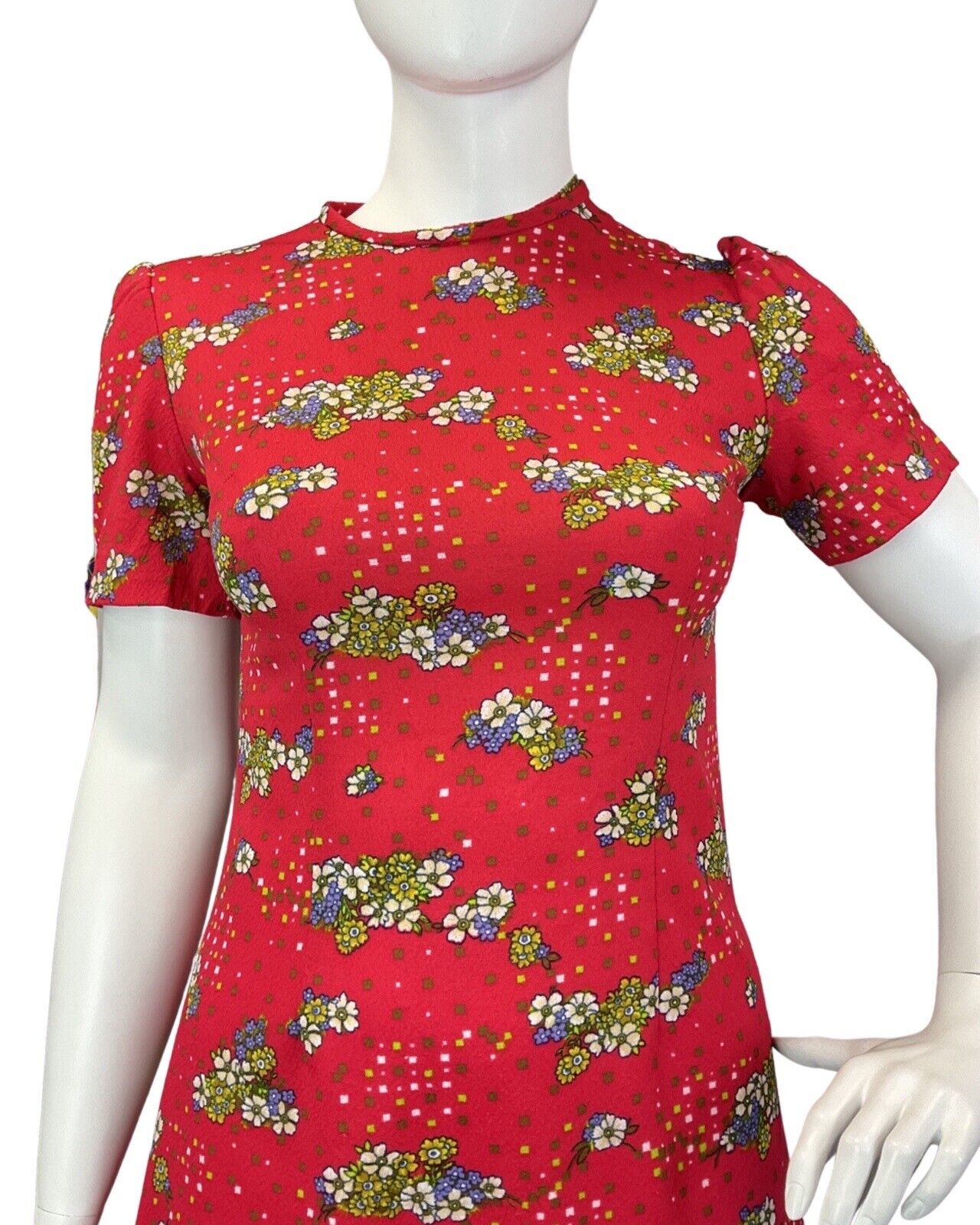 VINTAGE 60s 70s PILLARBOX RED BLUE GREEN DAISY FLOWER SQUARE MOD SUMMER DRESS 16