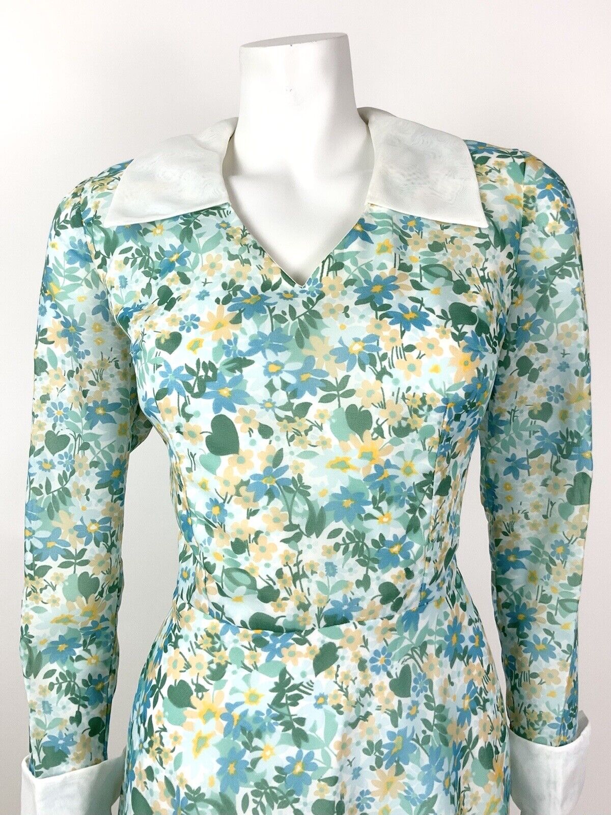 VINTAGE 60s 70s GREEN BLUE BEIGE FLORAL DITSY MOD SHEER SHIRT DRESS 10 12