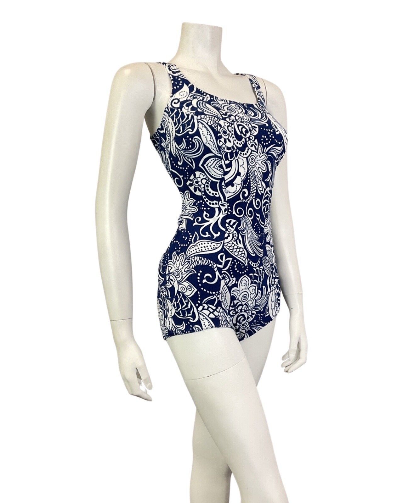 VINTAGE 60s 70s NAVY BLUE WHITE PSYCHEDELIC PAISLEY FLORAL SWIMSUIT BODYSUIT 10