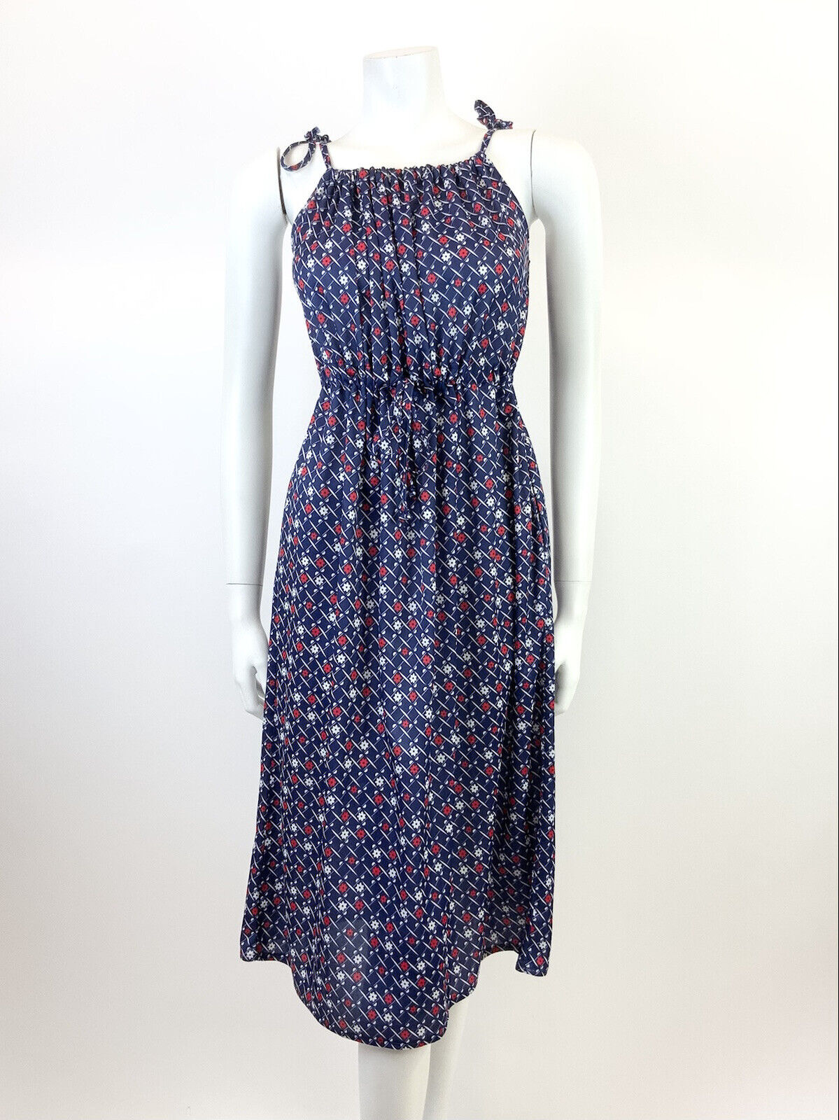 VINTAGE 70s 80s BLUE WHITE RED CHECKED GRID FLORAL STRAPPY MOD SUN DRESS 10 12