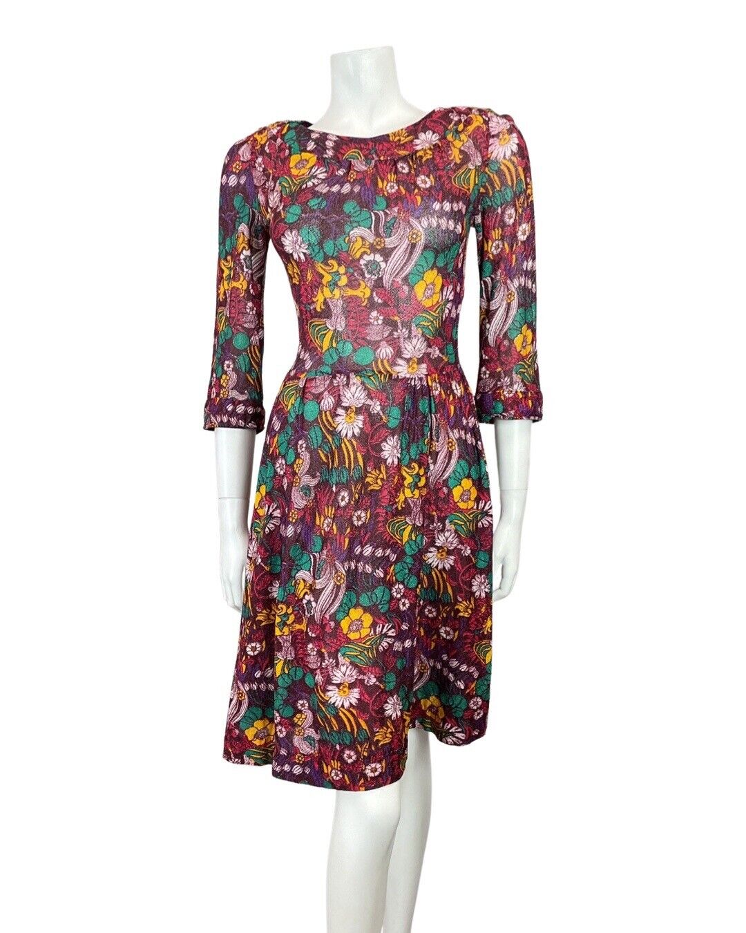 VINTAGE 70s 90s PURPLE GREEN YELLOW PSYCHEDELIC FLORAL LUREX SKATER DRESS 8