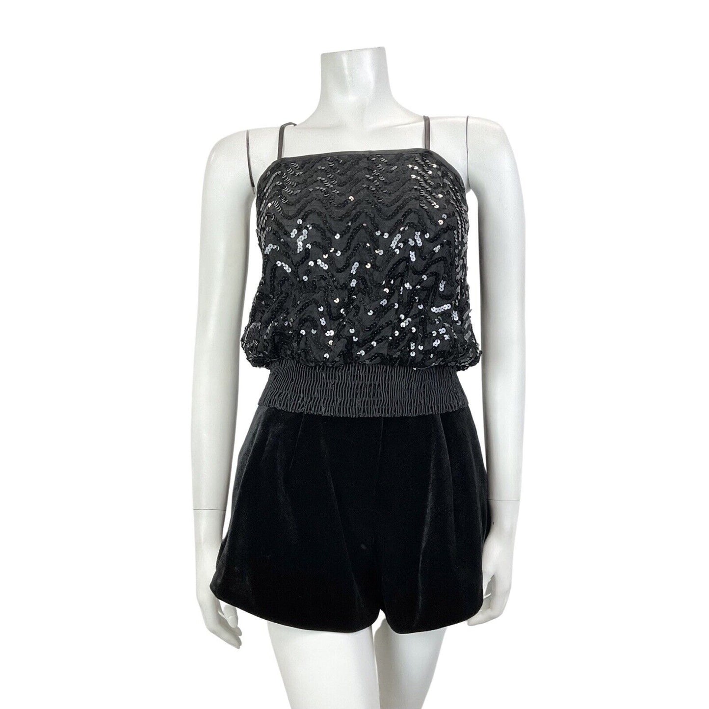 VINTAGE 70s BLACK WAVY SEQUIN BLOUSON SPAGHETTI STRAP STUDIO 54 DISCO TOP 8