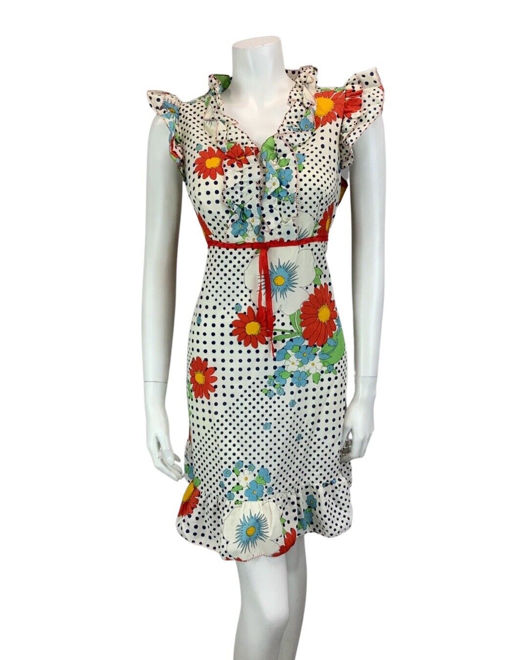 VINTAGE 60s 70s WHITE NAVY BLUE POLKA DOT RED BLUE FLORAL PRINT FLORAL DRESS 12