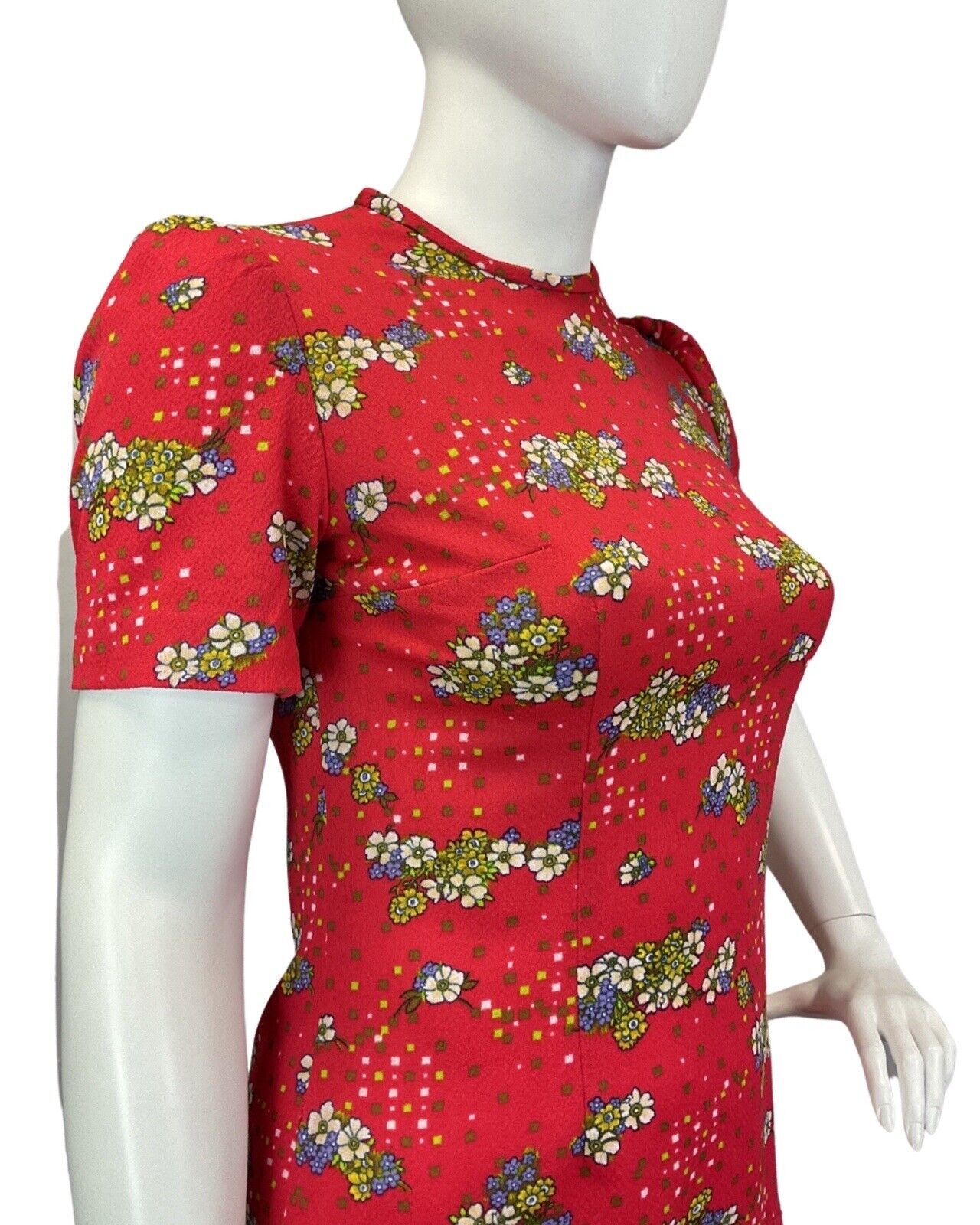 VINTAGE 60s 70s PILLARBOX RED BLUE GREEN DAISY FLOWER SQUARE MOD SUMMER DRESS 16