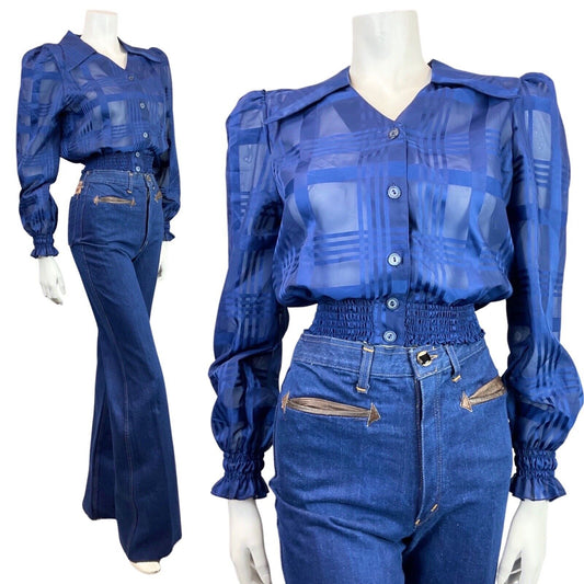 VINTAGE 60s 70s NAVY BLUE PLAID CHECKED SHEER SHIRRED CROPPED BLOUSE 8 10
