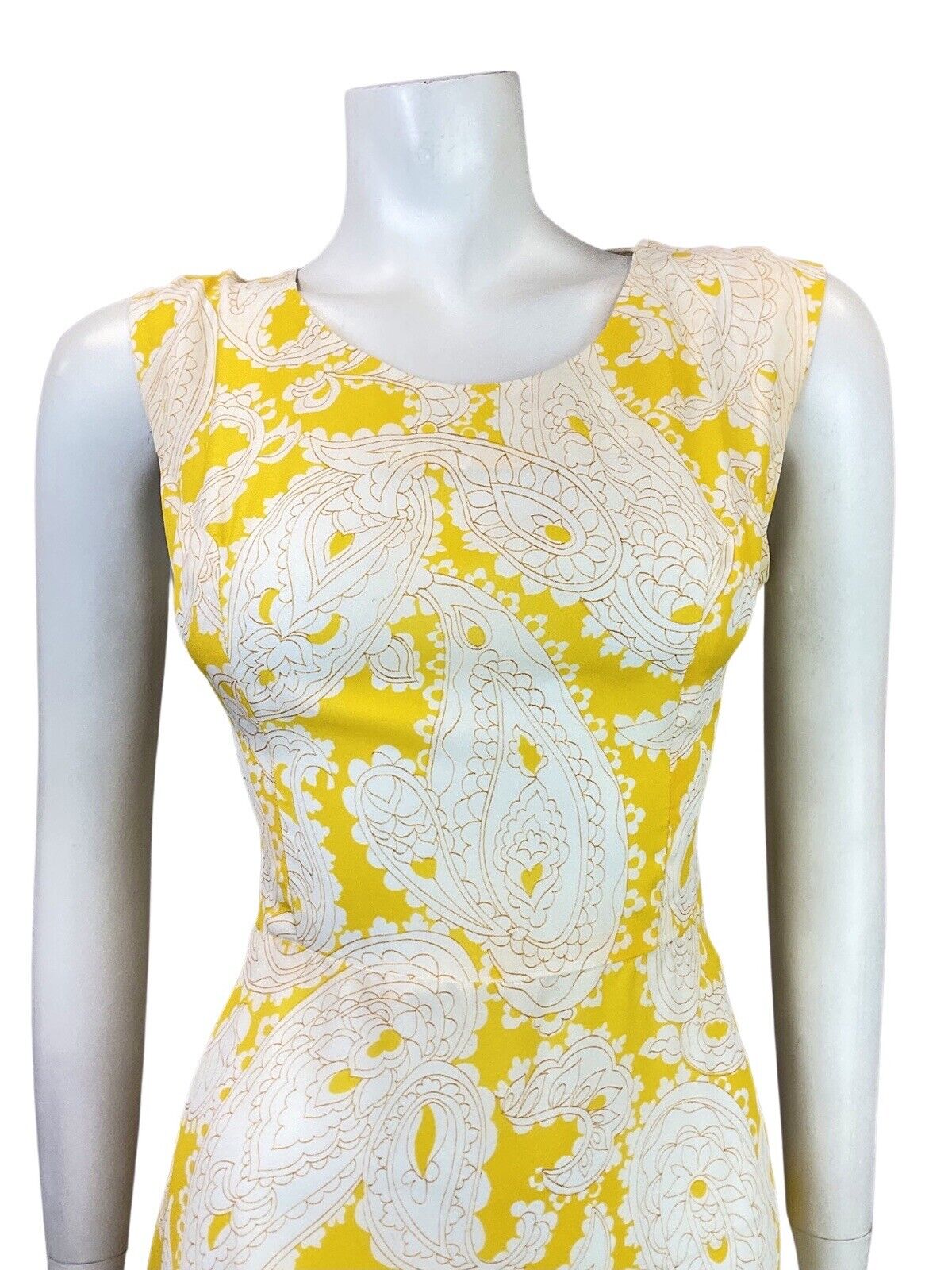 VINTAGE 60s 70s SUNSHINE YELLOW WHITE FLORAL PAISLEY MOD SLEEVELESS DRESS 10 12