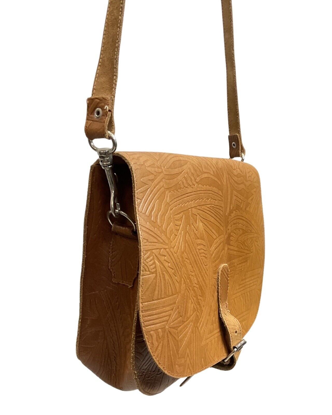 VINTAGE 60s 70s CAMEL BROWN STAMPED LEATHER GEOMETRIC BOHO SHOULDER BAG