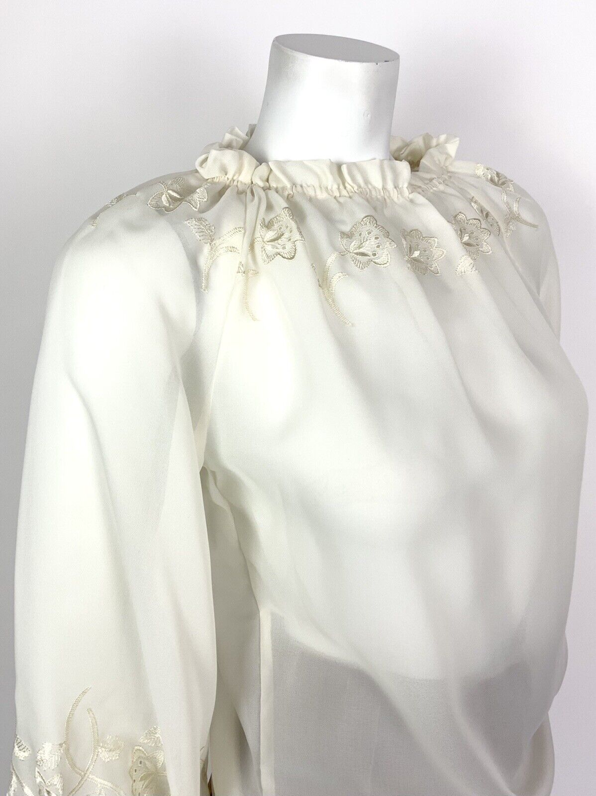 VTG 60s 70s CREAM EMBROIDERED FLORAL PUFF SLEEVE SHEER PEASANT BOHO TOP 8 10