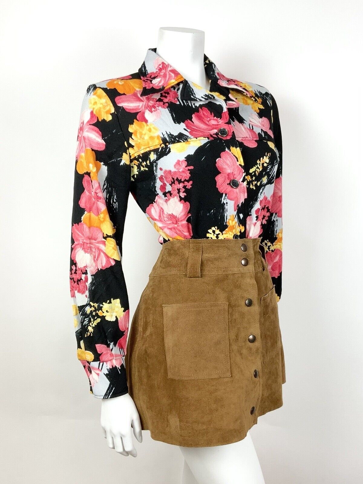 VINTAGE 60s 70s BLACK PINK ORANGE GREY FLORAL DAGGER COLLAR SHIRT BLOUSE 12 14