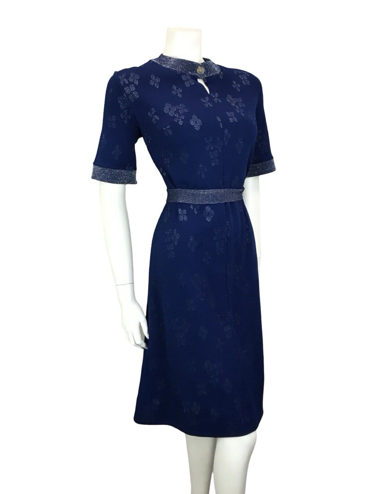 VTG 60S GLITTERY NAVY BLUE SILVER LUREX METALLIC KEYHOLE BELTED MIDI DRESS 12