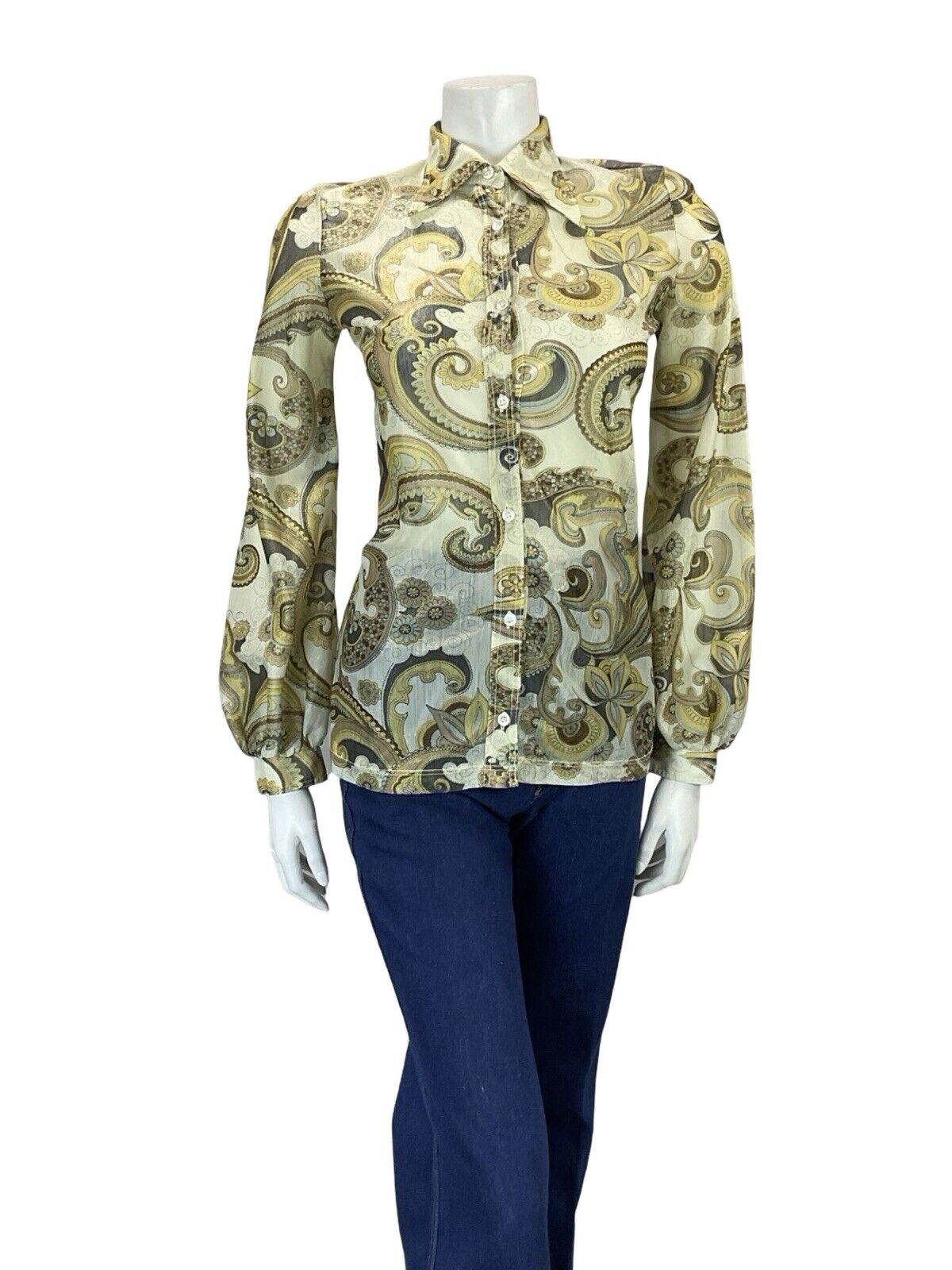 VTG 60S 70S CREAM YELLOW BLACK PSYCHEDELIC SHIMMERY DAGGER COLLAR PARTY SHIRT 6