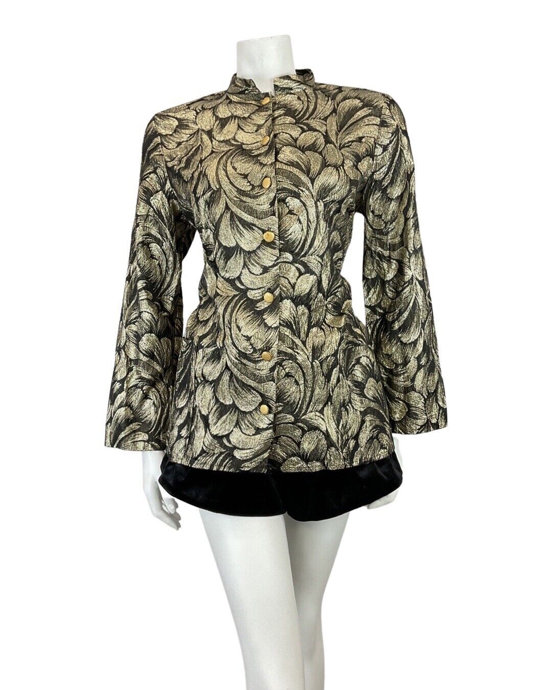 VINTAGE 60s 70s GOLD BLACK PSYCHEDELIC MANDARIN COLLAR STUDIO 54 LUREX SHIRT 14