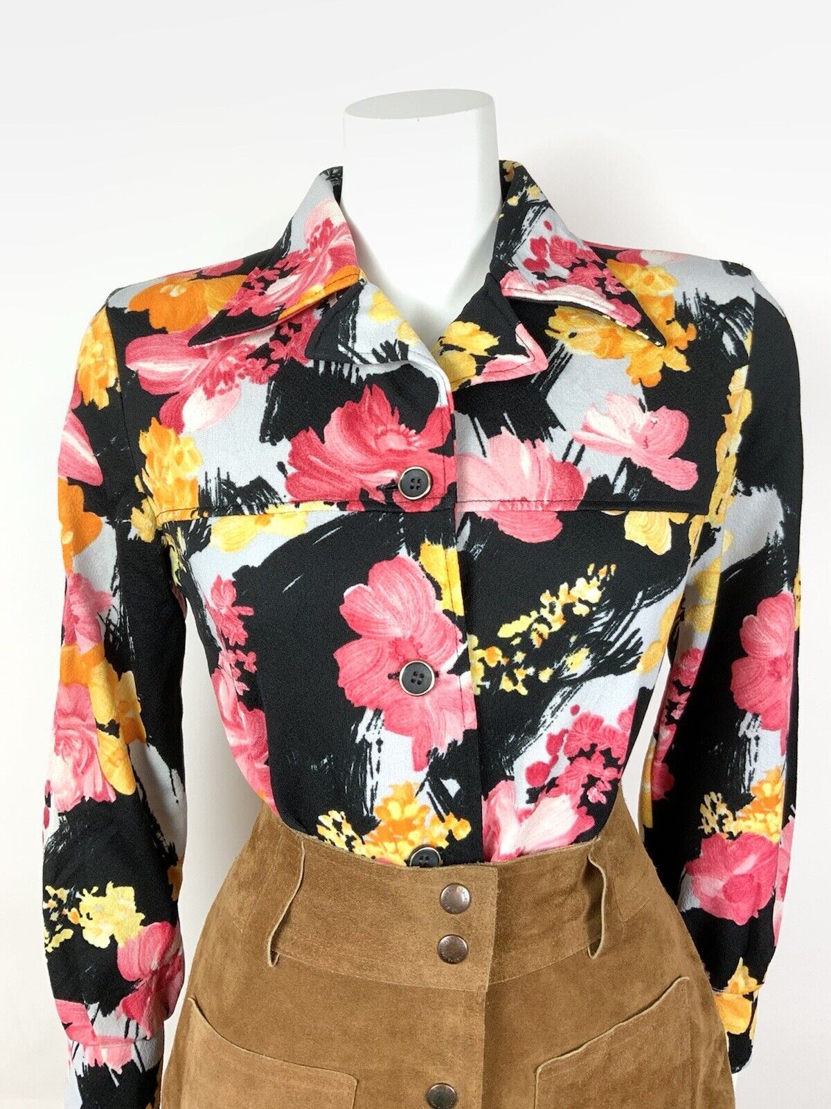 VINTAGE 60s 70s BLACK PINK ORANGE GREY FLORAL DAGGER COLLAR SHIRT BLOUSE 12 14