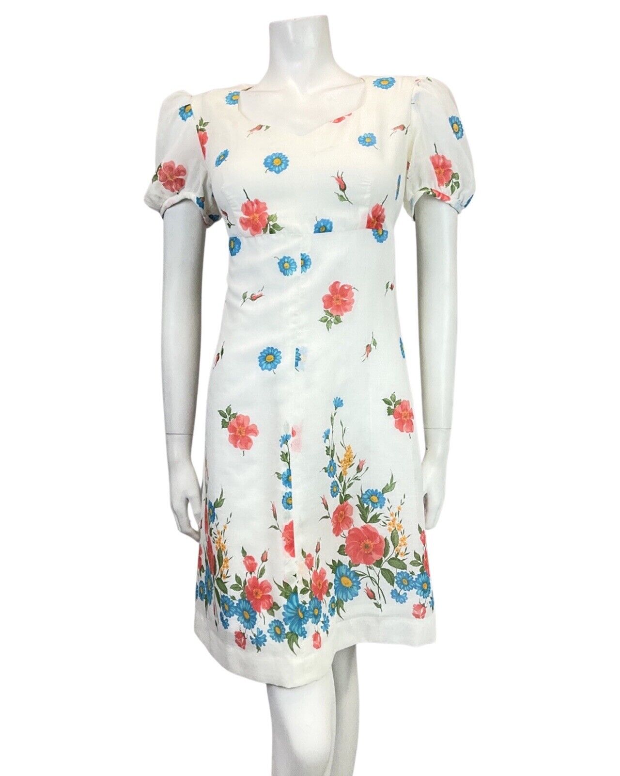 VINTAGE 60s 70s WHITE RED BLUE FLORAL GARDEN SHEER PUFF SLEEVE MOD DRESS 12