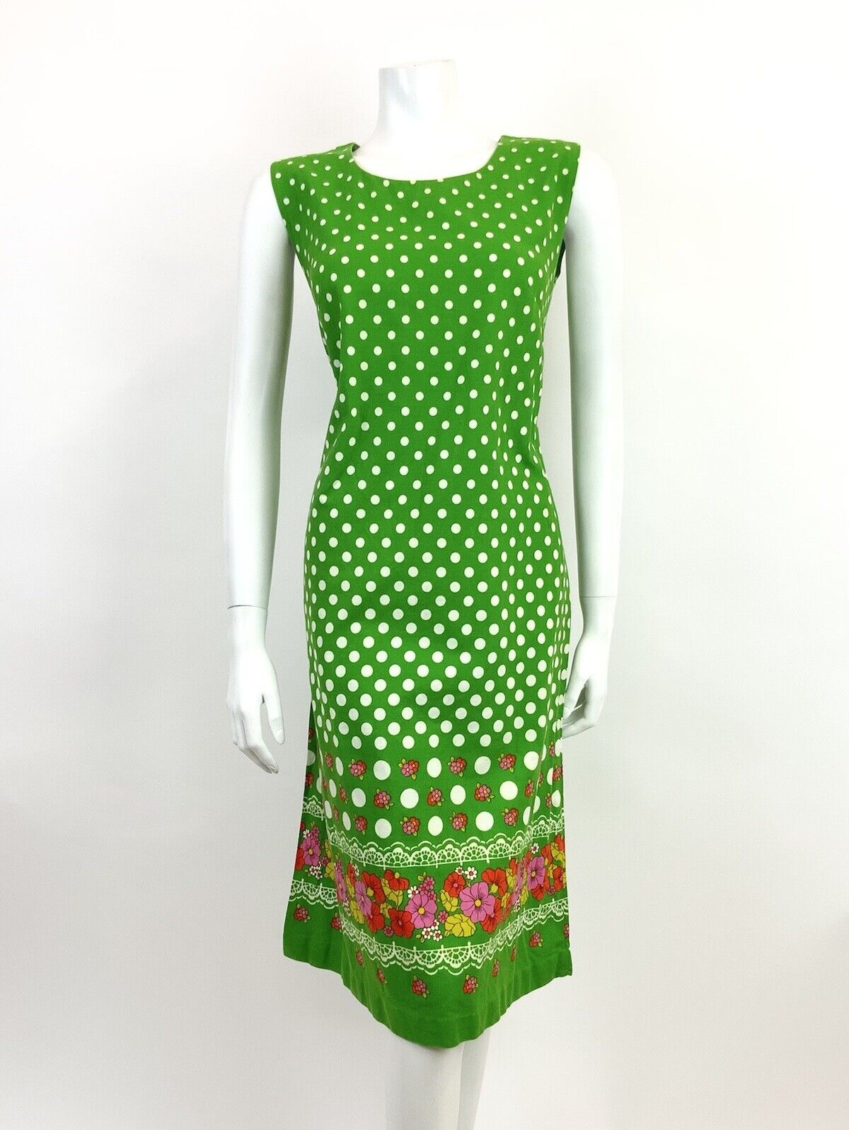 VTG 60s 70s GREEN WHITE PINK POLKA-DOT FLORAL LACE BOHO FOLK A-LINE DRESS 10 12