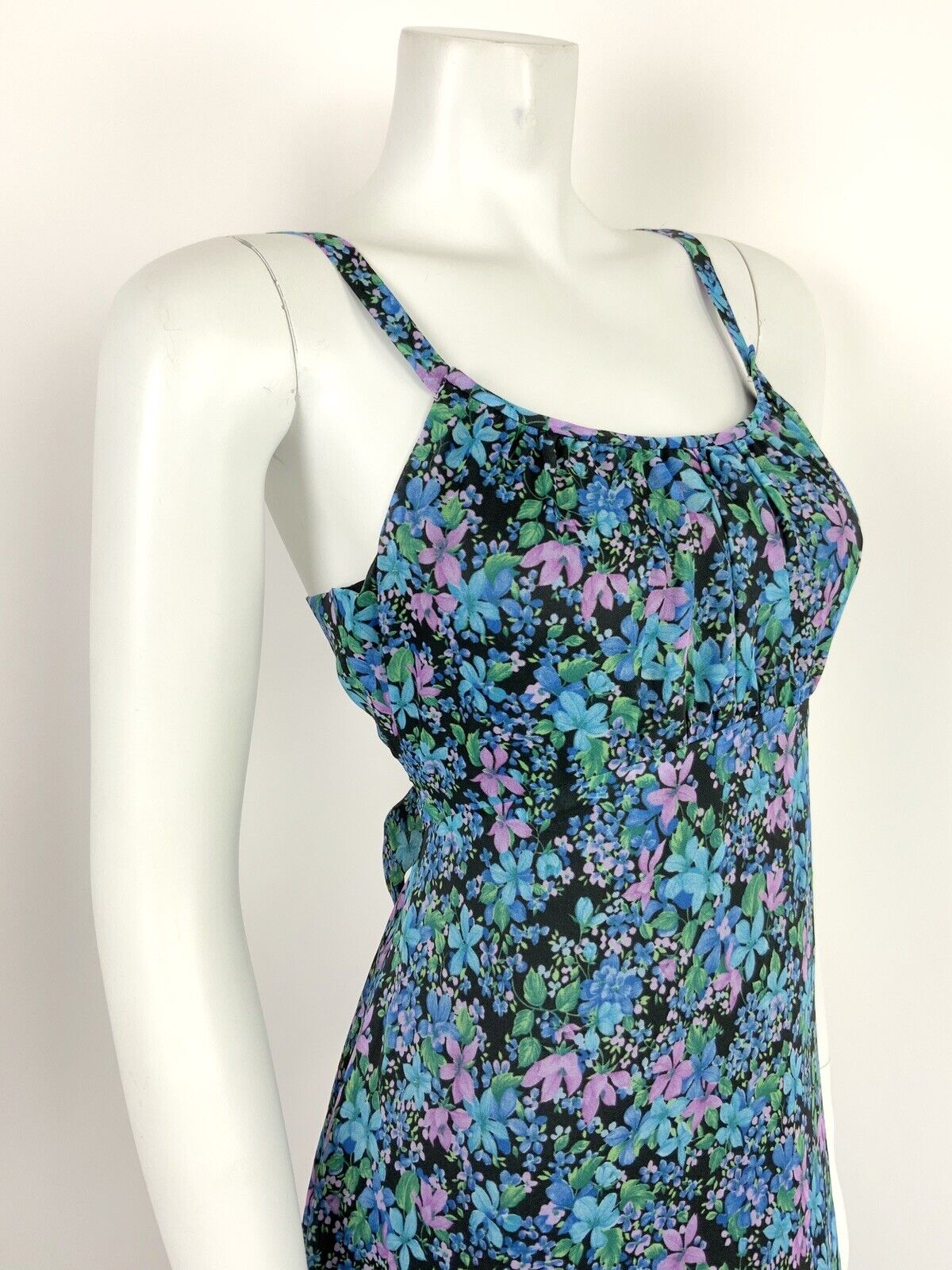 VINTAGE 60s 70s BLUE PINK BLACK GREEN DITSY FLORAL SHEER MAXI DRESS 6