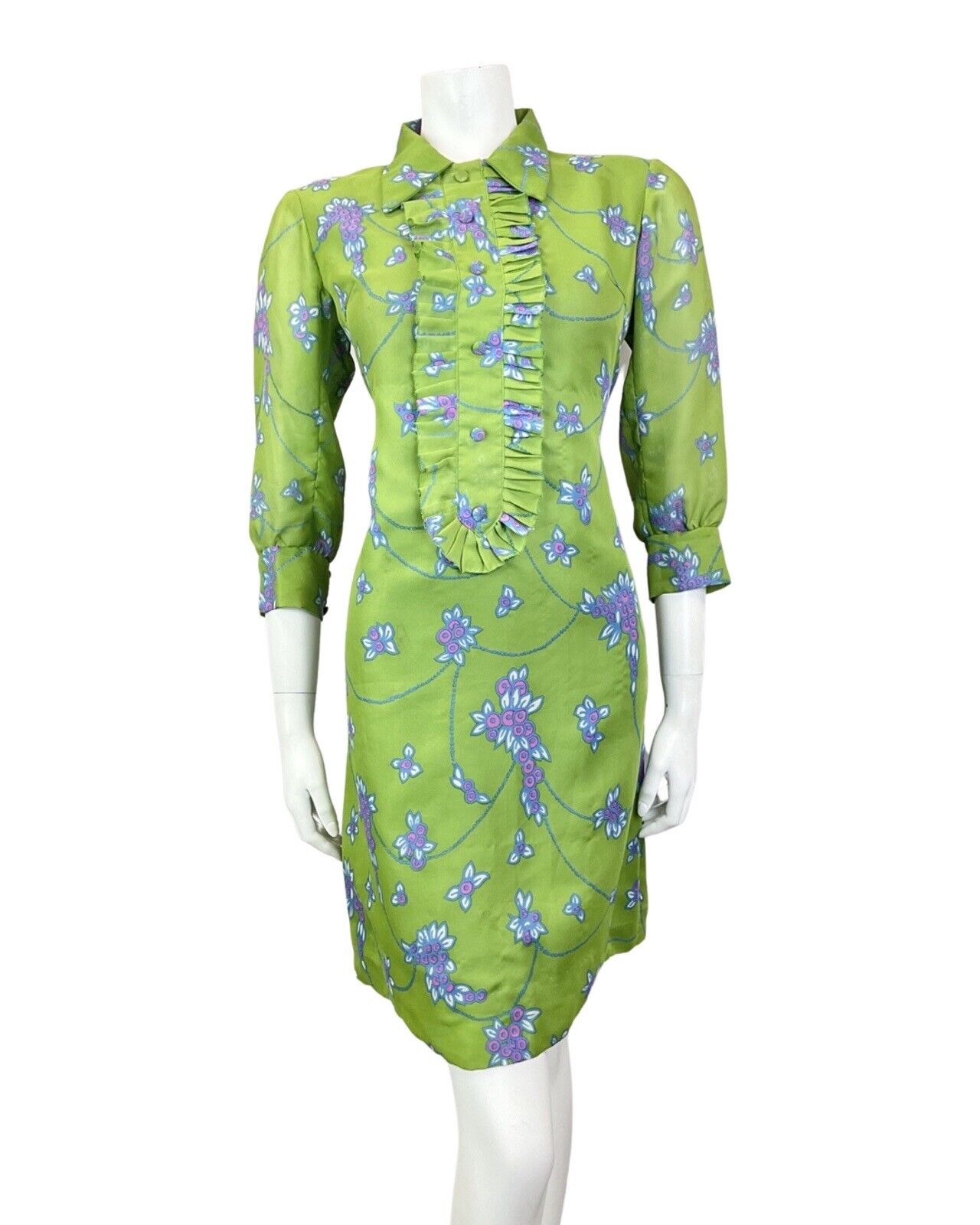 VINTAGE 60s 70s GREEN BLUE FLORAL MOD DAGGER COLLAR RUFFLED SHIFT DRESS 10 12