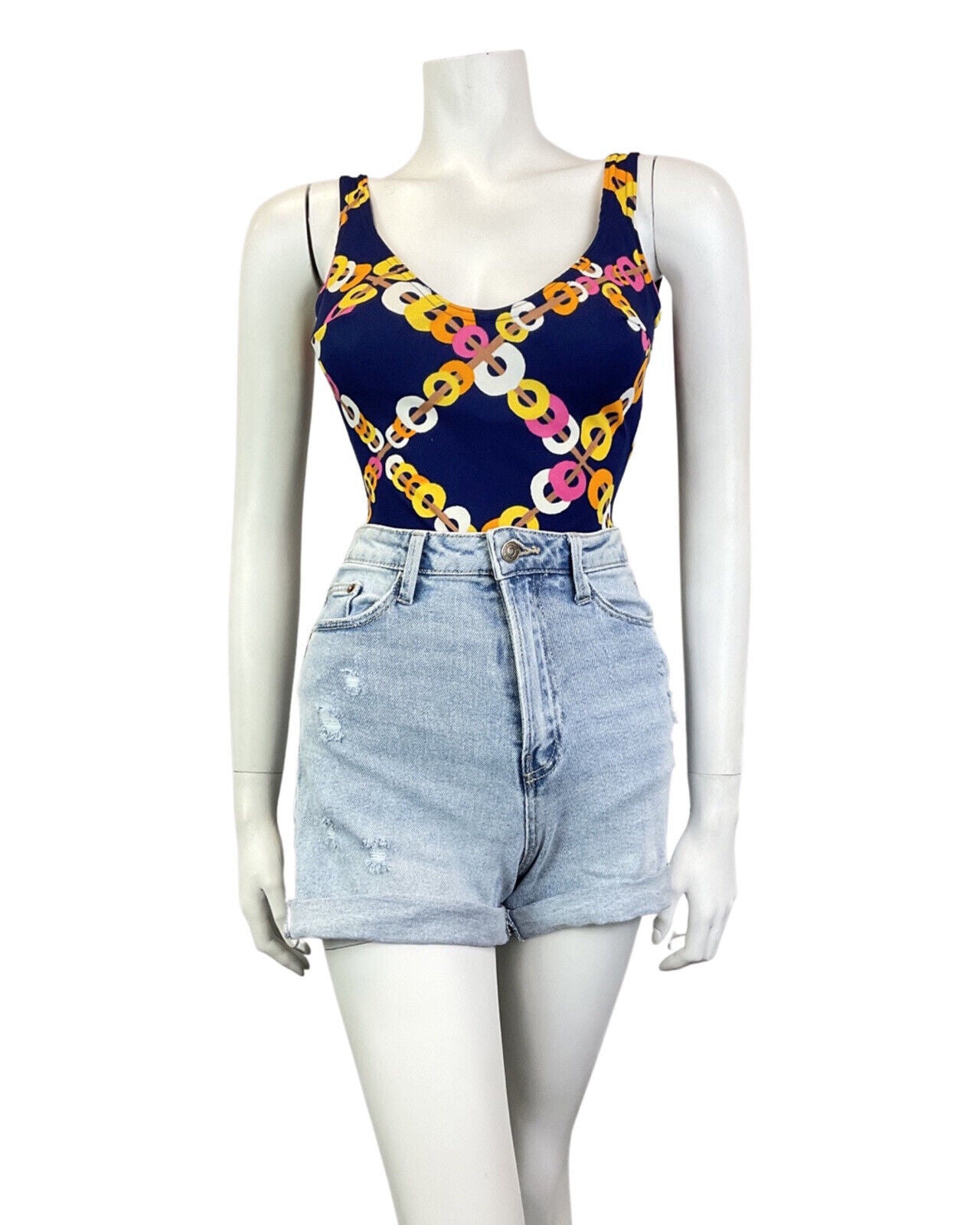 VINTAGE 60s 70s BLUE ORANGE PINK CHAIN-LINK GEOMETRIC MOD SWIMSUIT BODYSUIT 8
