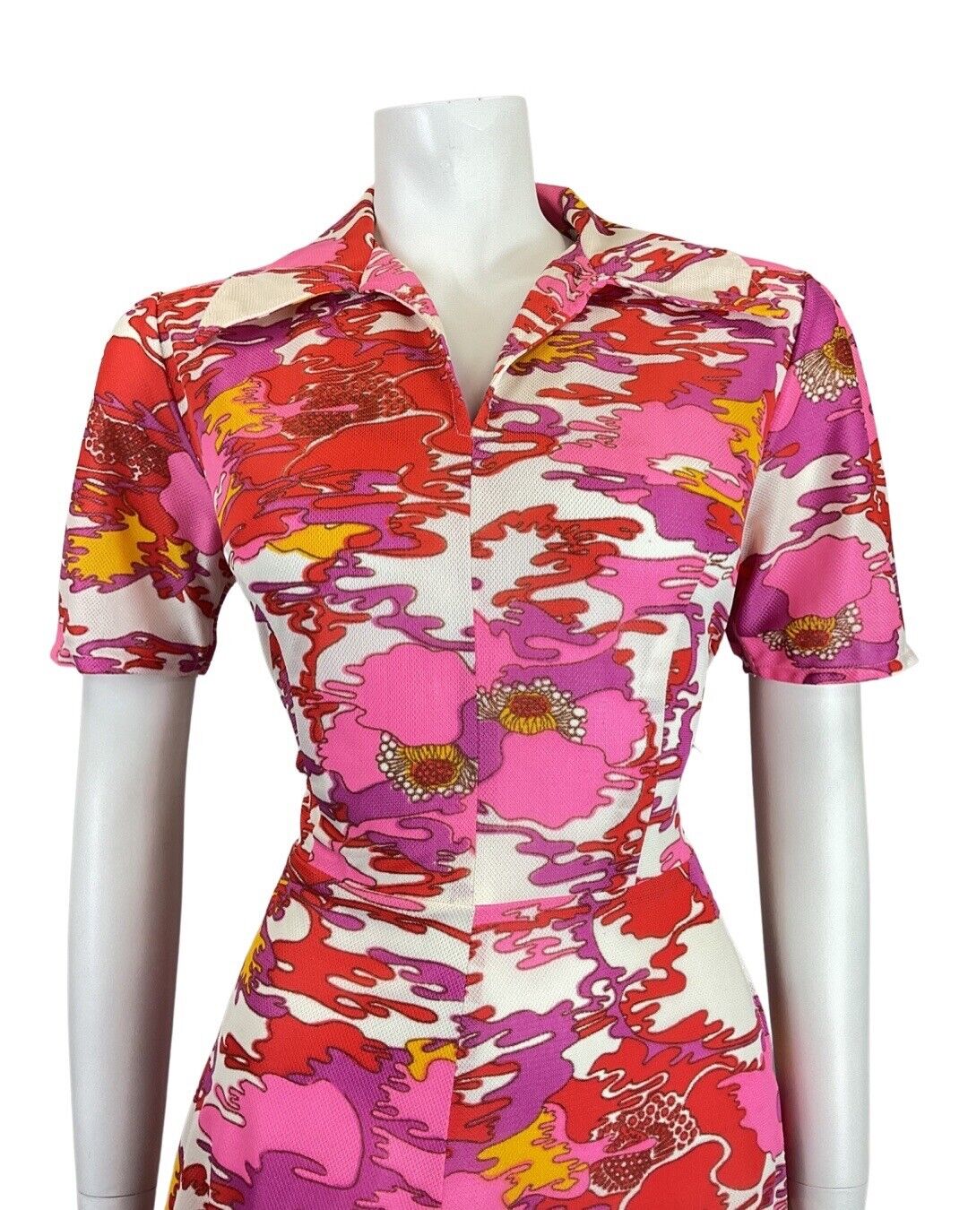 VINTAGE 60s 70s PINK RED PURPLE PSYCHEDELIC FLORAL MOD DAGGER SHIRT DRESS 10 12