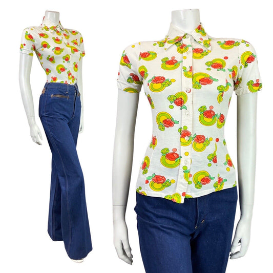 VINTAGE 60s 70s WHITE GREEN RED ROSE FLOWER MOD DAGGER COLLAR SHIRT 8