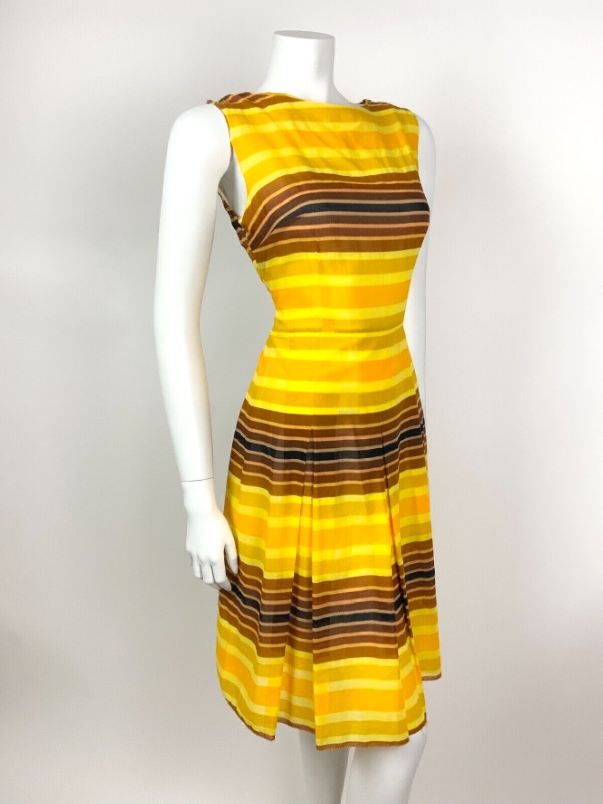 VINTAGE 60s 70s YELLOW ORANGE BROWN STRIPED SHEER SUMMER DRESS 10