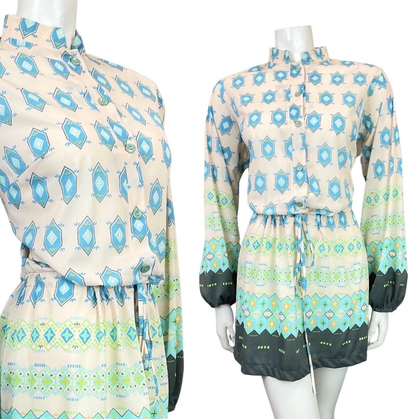 VINTAGE 60s 70s WHITE BLUE GREEN GEOMETRIC BOHO FOLK BLOUSON DRESS 12 14