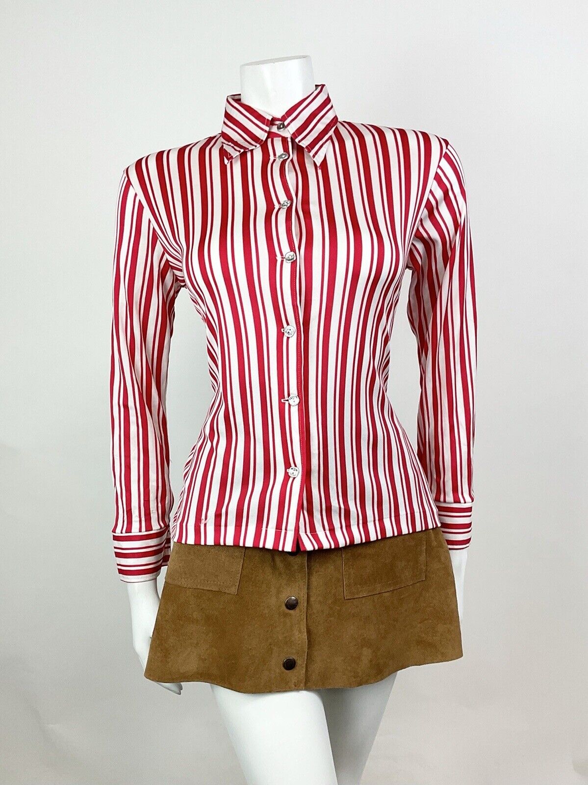 VINTAGE 60s 70s RED WHITE CANDY STRIPED MOD DAGGER SHIRT BLOUSE 12