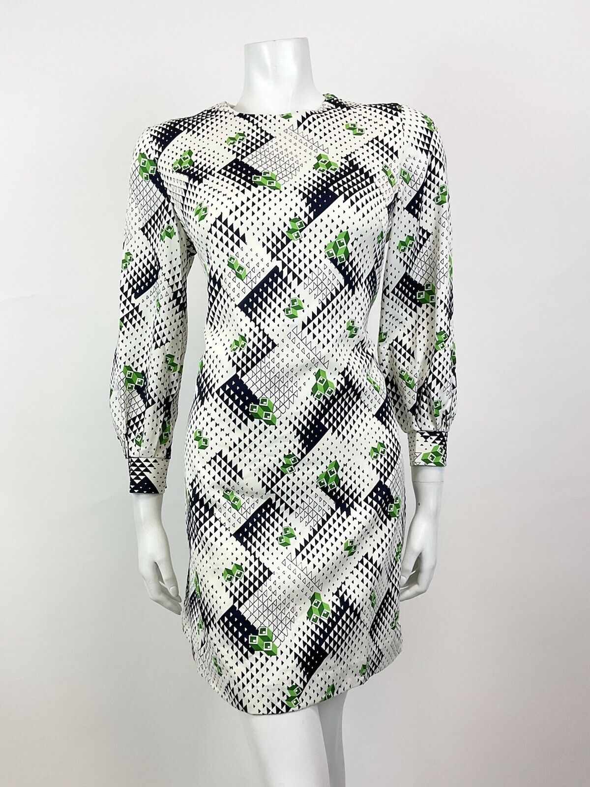 VINTAGE 60s 70s WHITE BLUE GREEN GEOMETRIC OP-ART MOD A-LINE SHORT DRESS 10 12