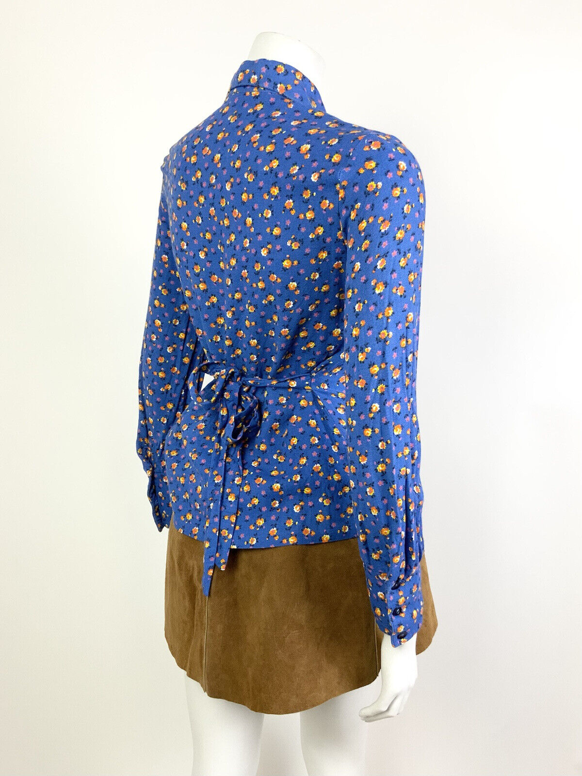 VTG 60s 70s BLUE ORANGE FLORAL DITSY DOG EAR BEAGLE COLLAR MOD SHIRT BLOUSE 8 10